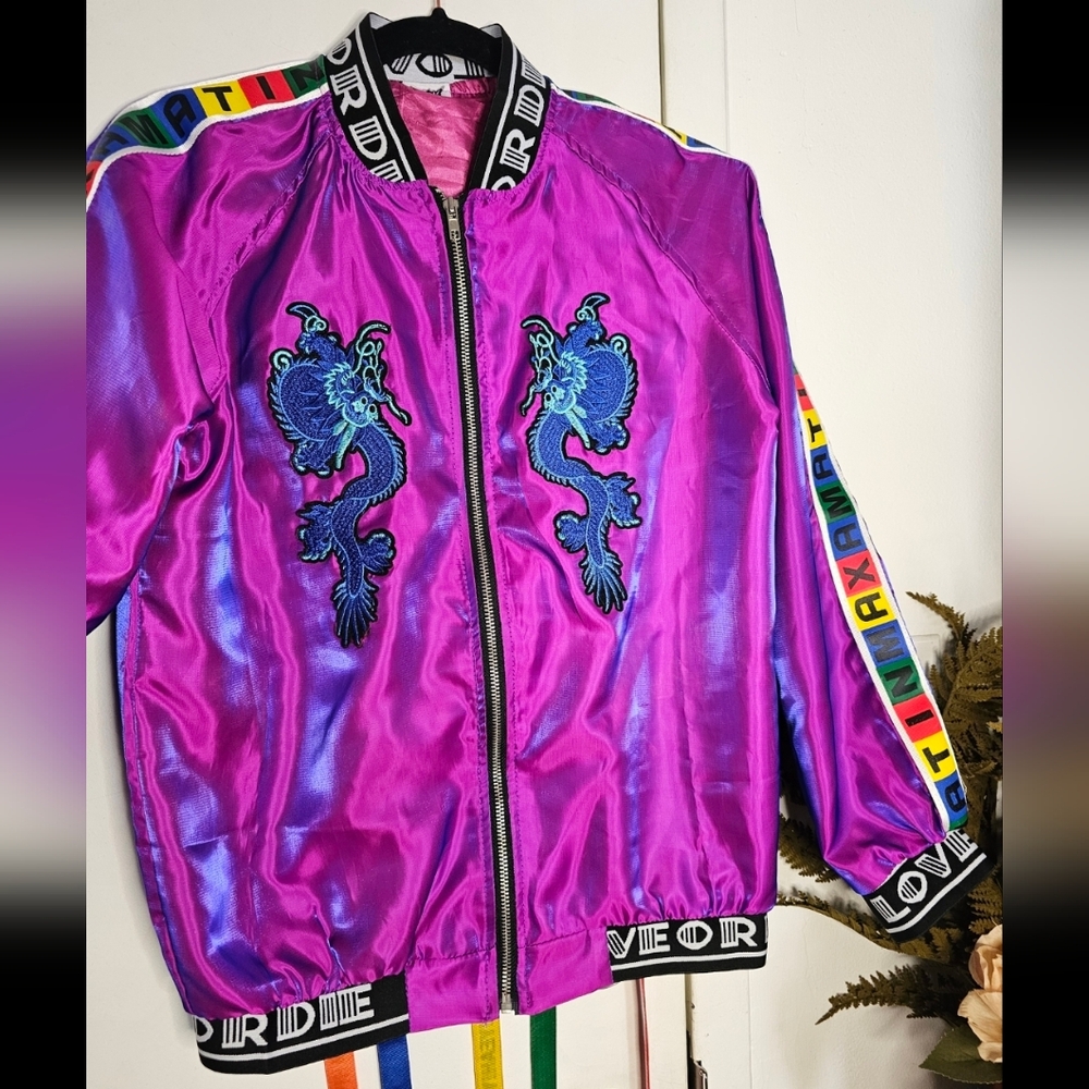 Japanese Sukajan Iridescent Purple Blue Dragon Bomber Jacket Dragons Ribbons